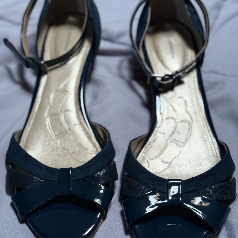Guano BERNINI 1950 flapper ankle strap wedge heel Peep-Toe Design navy blue sz 9